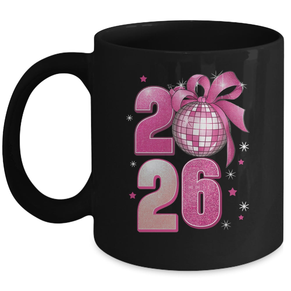 Happy New Year 2026 Disco Ball Pink Coquette Bow Family Mug | siriusteestore