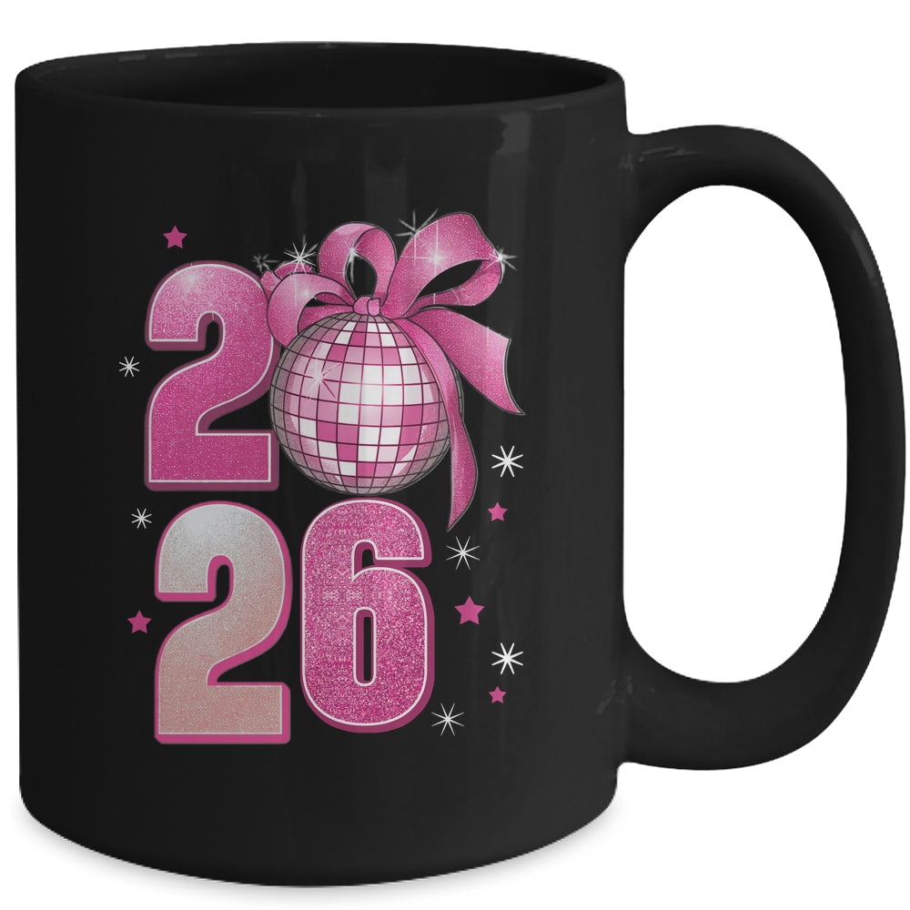 Happy New Year 2026 Disco Ball Pink Coquette Bow Family Mug | siriusteestore