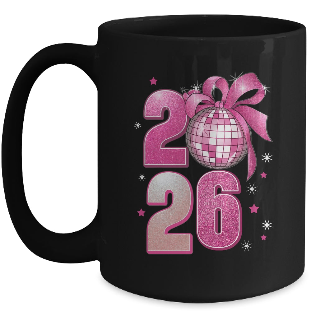 Happy New Year 2026 Disco Ball Pink Coquette Bow Family Mug | siriusteestore