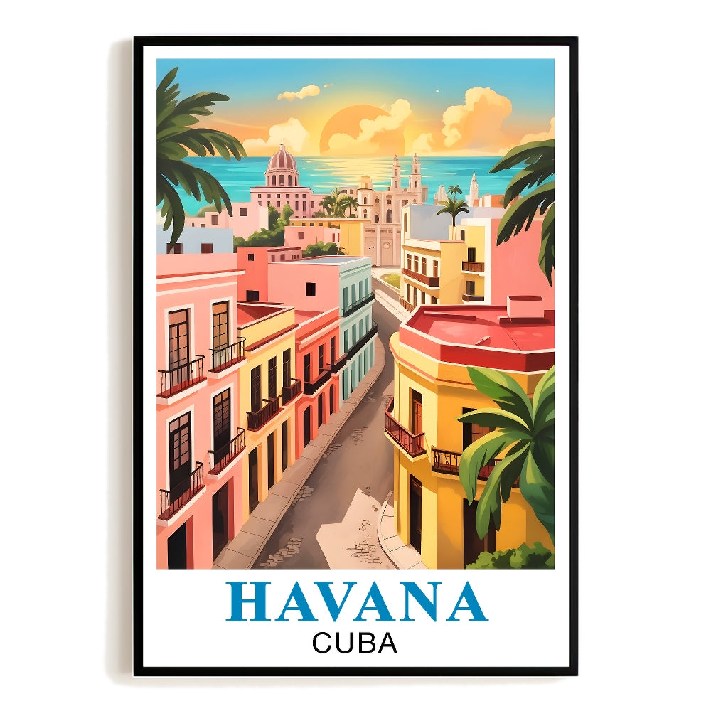 Havana Cuba Vintage Travel Poster Street Scene Palm Trees Colorful Souvenir Wall Art Landscape Print Painting Ideal For Home Office Living Room Bedroom Decor Unframed | siriusteestore