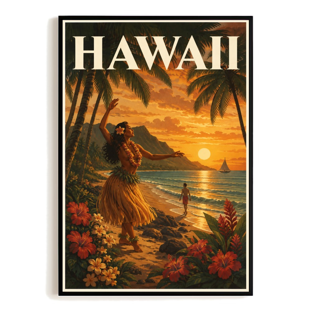 Hawaii Tropical Beach Hula Sunset Vintage Travel Poster Wall Art Print Palm Tree Island Landscape Souvenir Decor For Home Living Room Office Bedroom Gift Unframed | siriusteestore