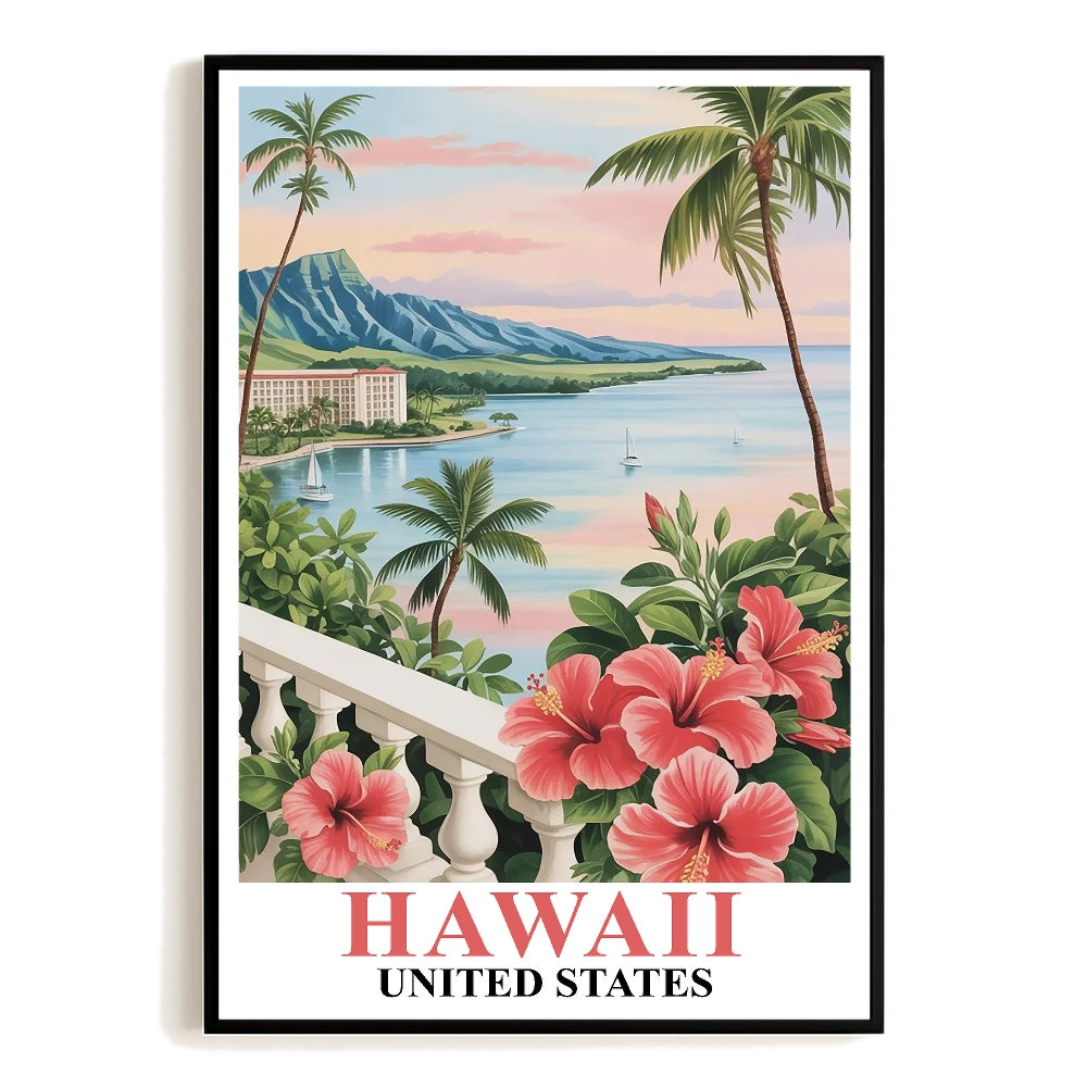 Hawaii Vintage Travel Poster Tropical Paradise Sunset Ocean View Palm Trees Landscape Wall Art Print Ideal For Home Office Living Room Bedroom Decor Unframed | siriusteestore