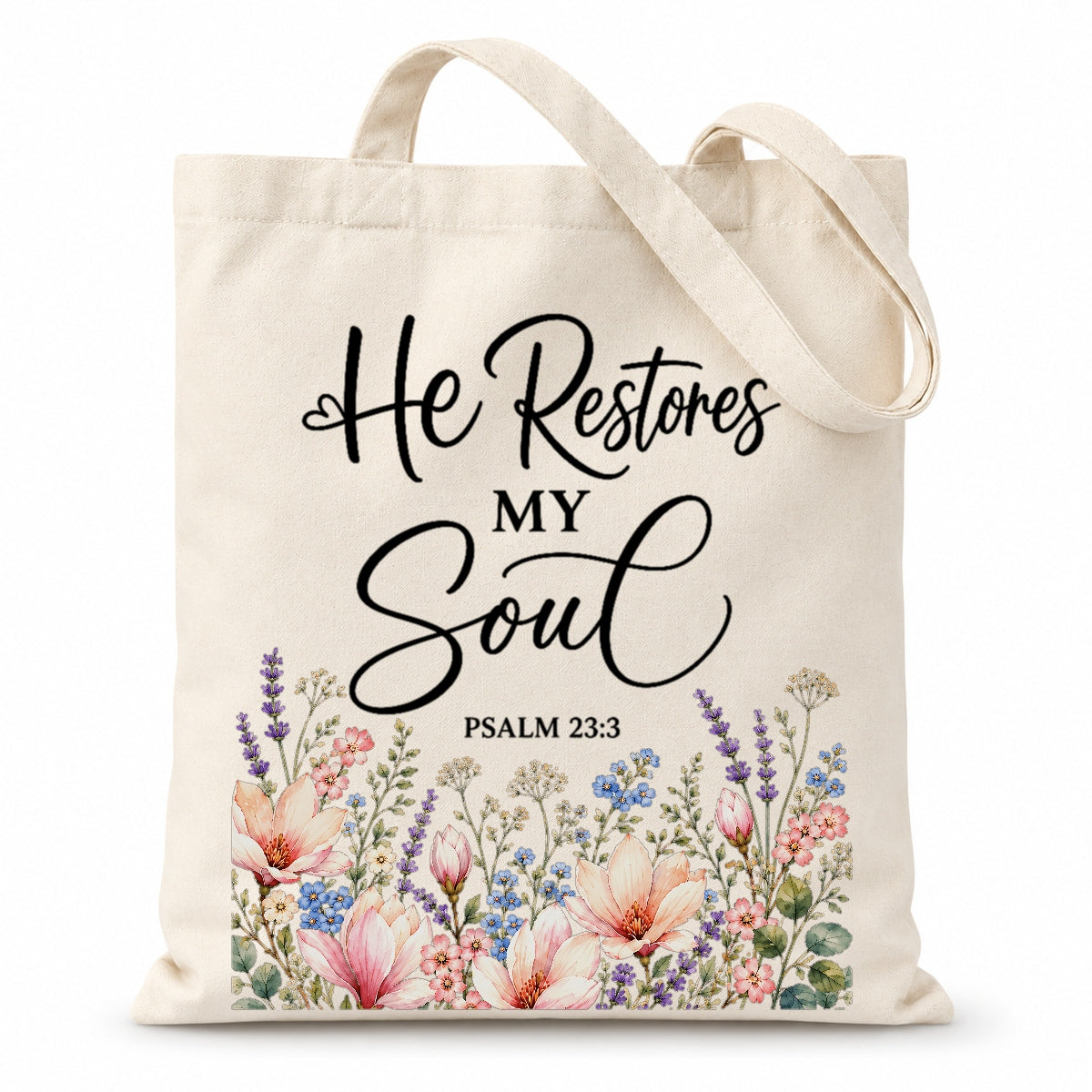 He Restores My Soul Psalm 23 3 Floral Christian Tote Bag For Women Bible Verse Canvas Bag Faith Church Gift Religious Inspirational Reusable Shopping Beach | siriusteestore