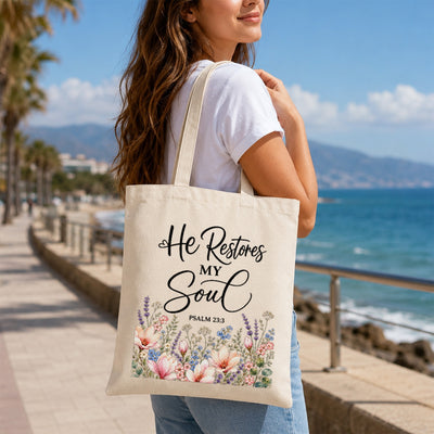 He Restores My Soul Psalm 23 3 Floral Christian Tote Bag For Women Bible Verse Canvas Bag Faith Church Gift Religious Inspirational Reusable Shopping Beach | siriusteestore