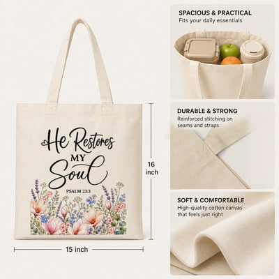 He Restores My Soul Psalm 23 3 Floral Christian Tote Bag For Women Bible Verse Canvas Bag Faith Church Gift Religious Inspirational Reusable Shopping Beach | siriusteestore