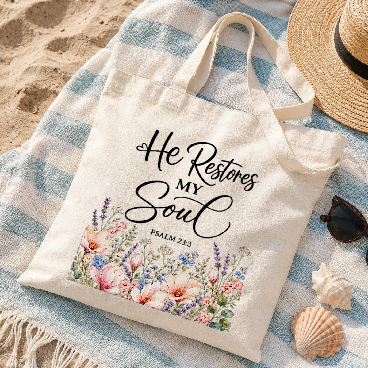 He Restores My Soul Psalm 23 3 Floral Christian Tote Bag For Women Bible Verse Canvas Bag Faith Church Gift Religious Inspirational Reusable Shopping Beach | siriusteestore