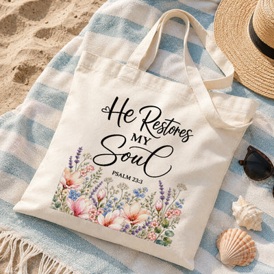 He Restores My Soul Psalm 23 3 Floral Christian Tote Bag For Women Bible Verse Canvas Bag Faith Church Gift Religious Inspirational Reusable Shopping Beach | siriusteestore
