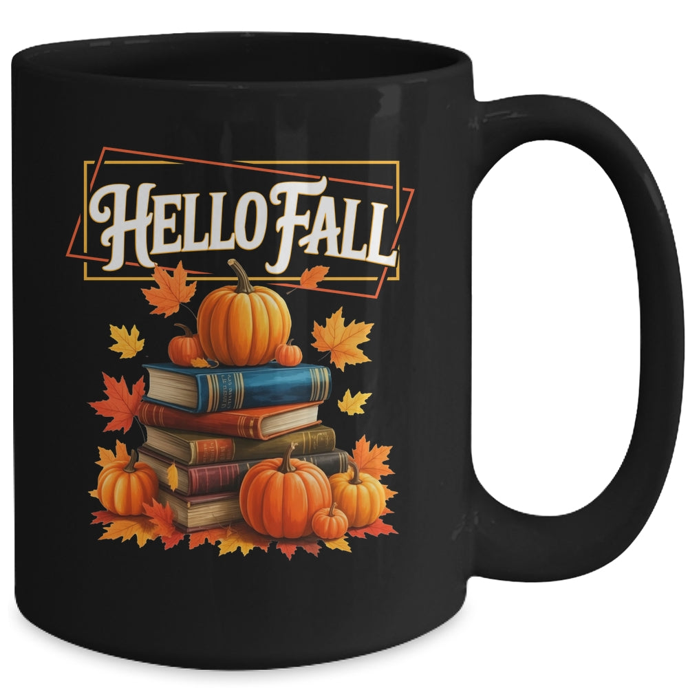 Hello Fall Pumpkin And Books Reading Lovers In Autumn Fall Mug | siriusteestore