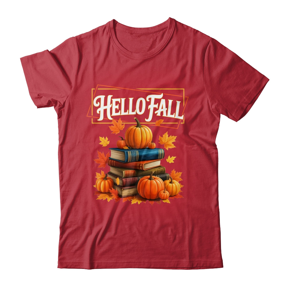 Hello Fall Pumpkin And Books Reading Lovers In Autumn Fall Shirt & Sweatshirt | siriusteestore