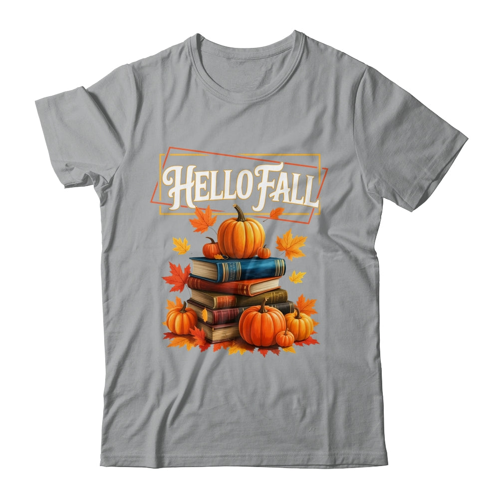 Hello Fall Pumpkin And Books Reading Lovers In Autumn Fall Shirt & Sweatshirt | siriusteestore