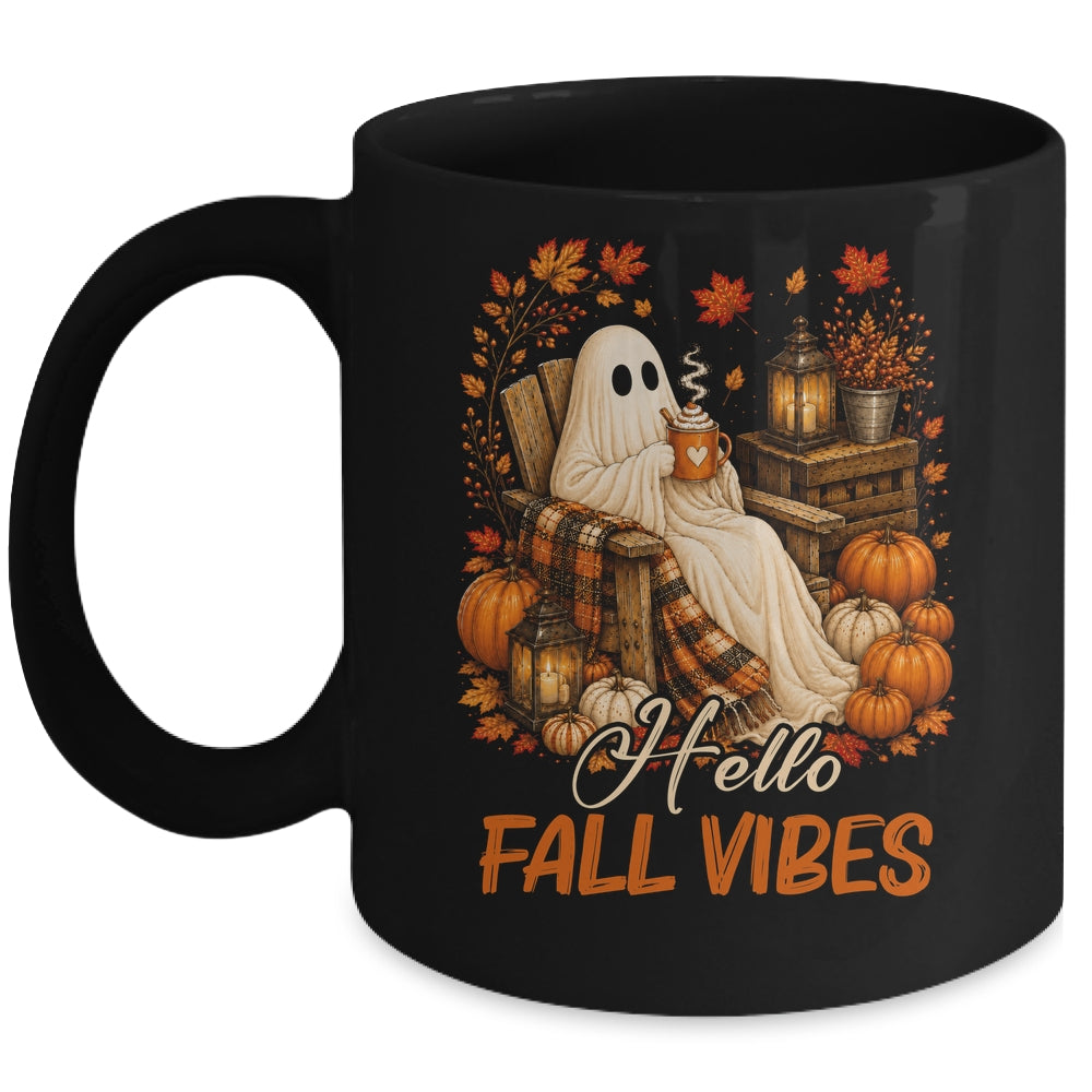 Hello Fall Vibes Ghost Cute Autumn Pumpkin Spooky Season Mug | siriusteestore