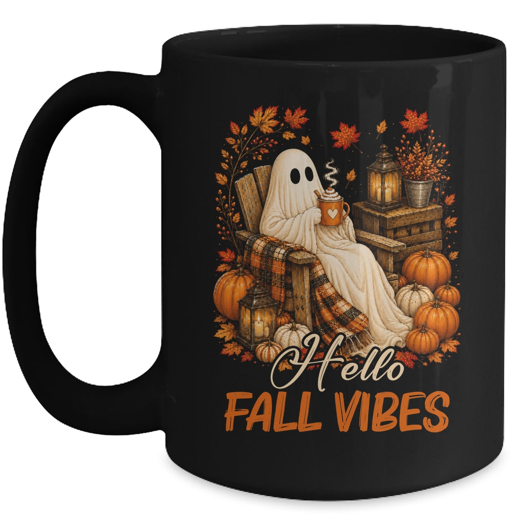 Hello Fall Vibes Ghost Cute Autumn Pumpkin Spooky Season Mug | siriusteestore