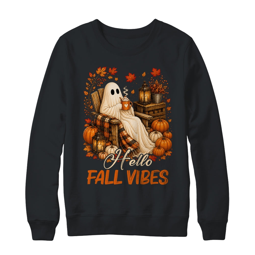 Hello Fall Vibes Ghost Cute Autumn Pumpkin Spooky Season Shirt & Sweatshirt | siriusteestore