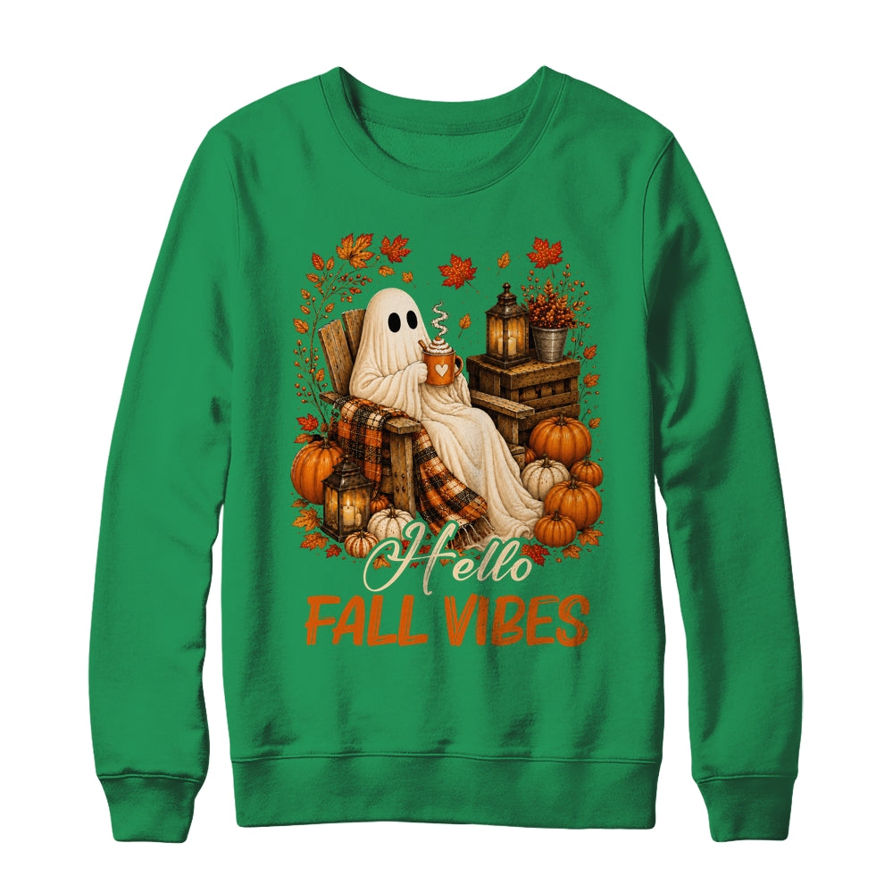 Hello Fall Vibes Ghost Cute Autumn Pumpkin Spooky Season Shirt & Sweatshirt | siriusteestore