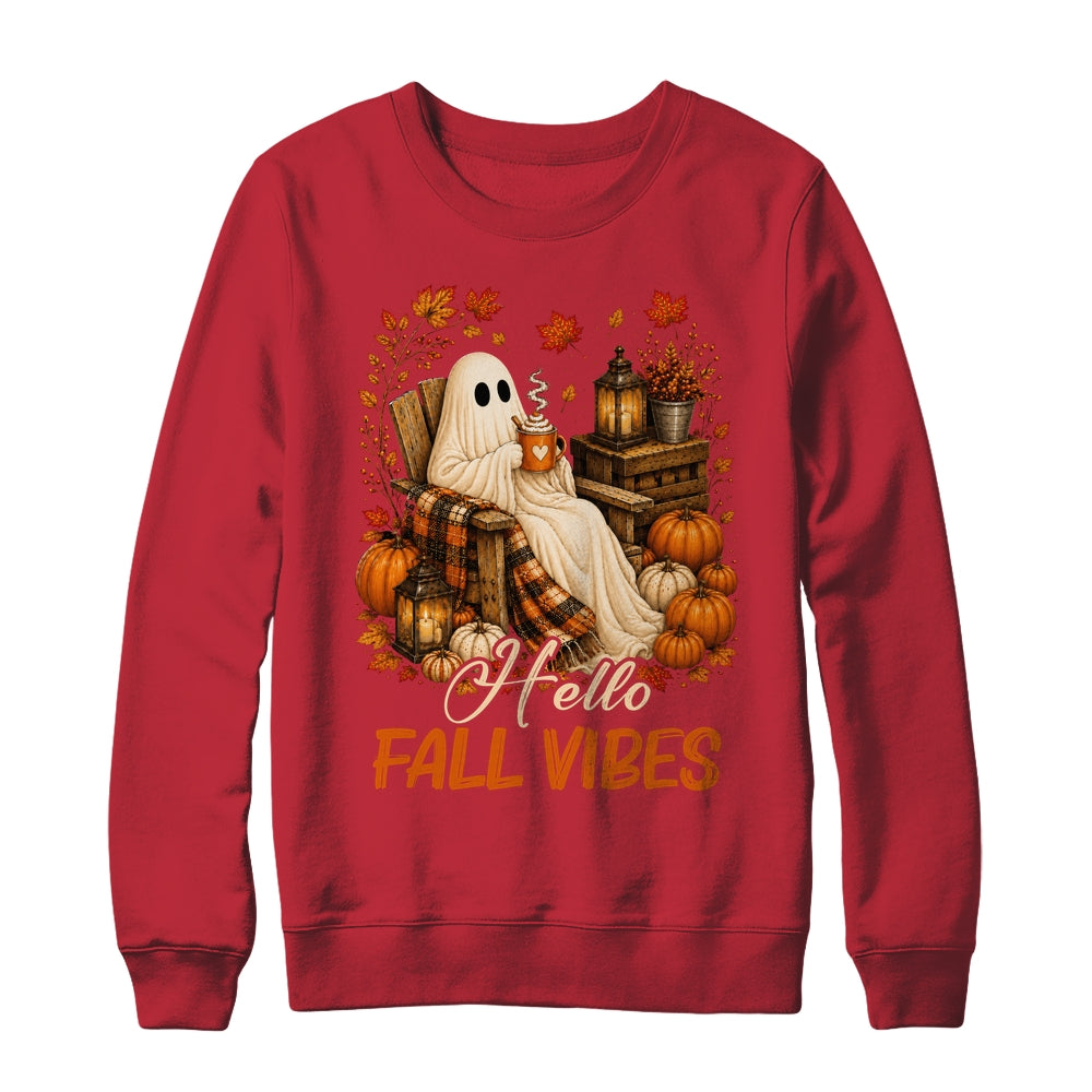Hello Fall Vibes Ghost Cute Autumn Pumpkin Spooky Season Shirt & Sweatshirt | siriusteestore