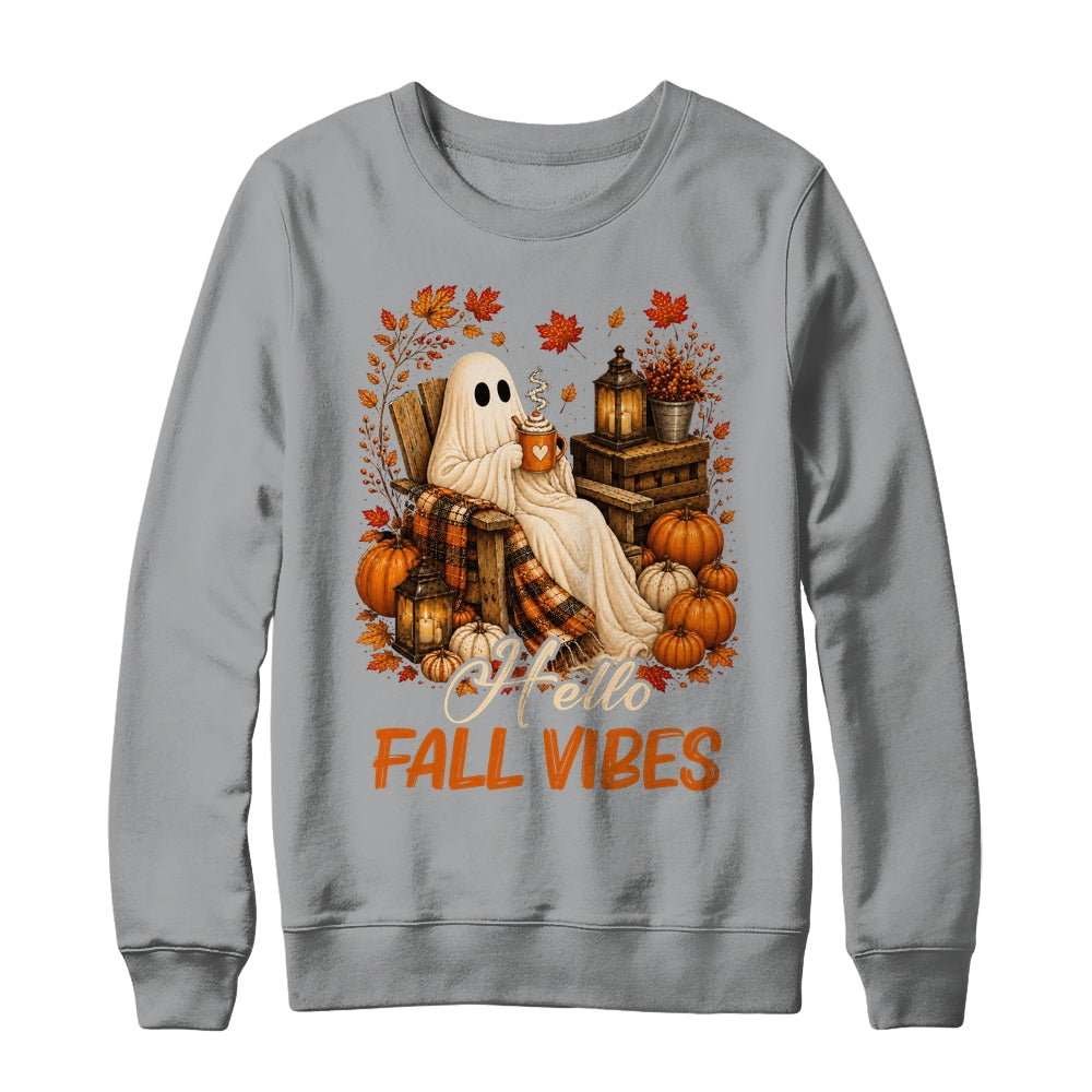 Hello Fall Vibes Ghost Cute Autumn Pumpkin Spooky Season Shirt & Sweatshirt | siriusteestore