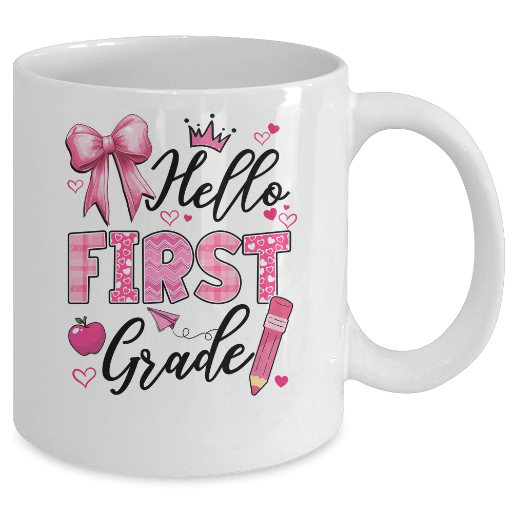 Hello First Grade First Day Of School Coquette Teacher Girl Mug | siriusteestore