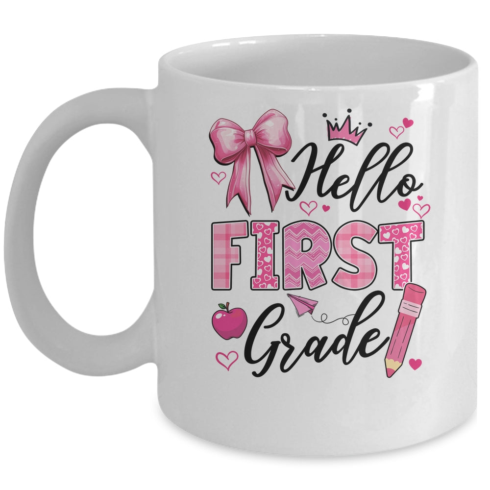 Hello First Grade First Day Of School Coquette Teacher Girl Mug | siriusteestore