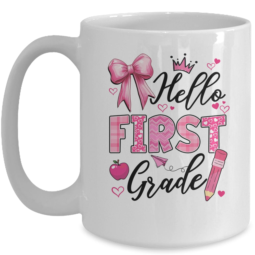 Hello First Grade First Day Of School Coquette Teacher Girl Mug | siriusteestore