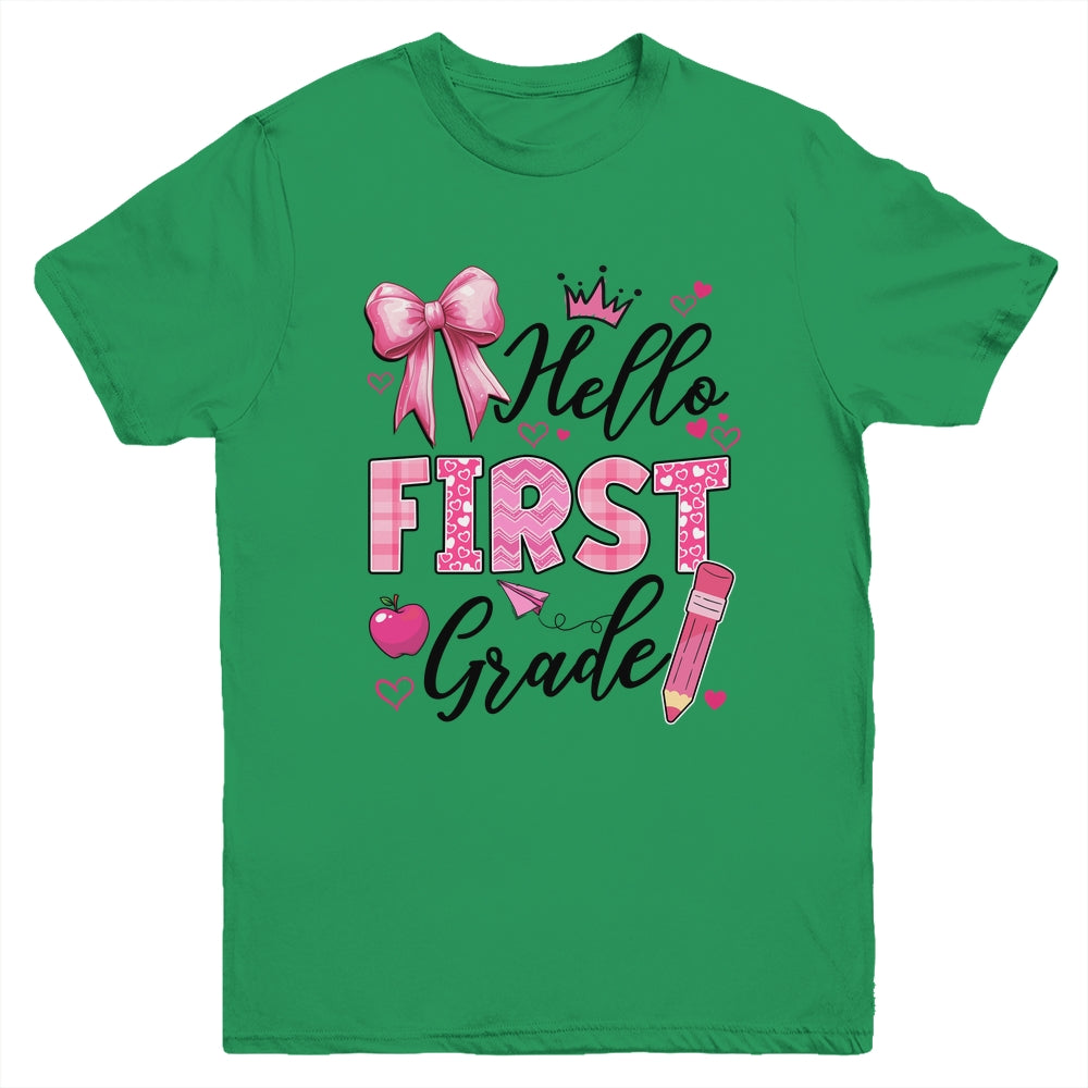 Hello First Grade First Day Of School Coquette Teacher Girl Youth Shirt | siriusteestore