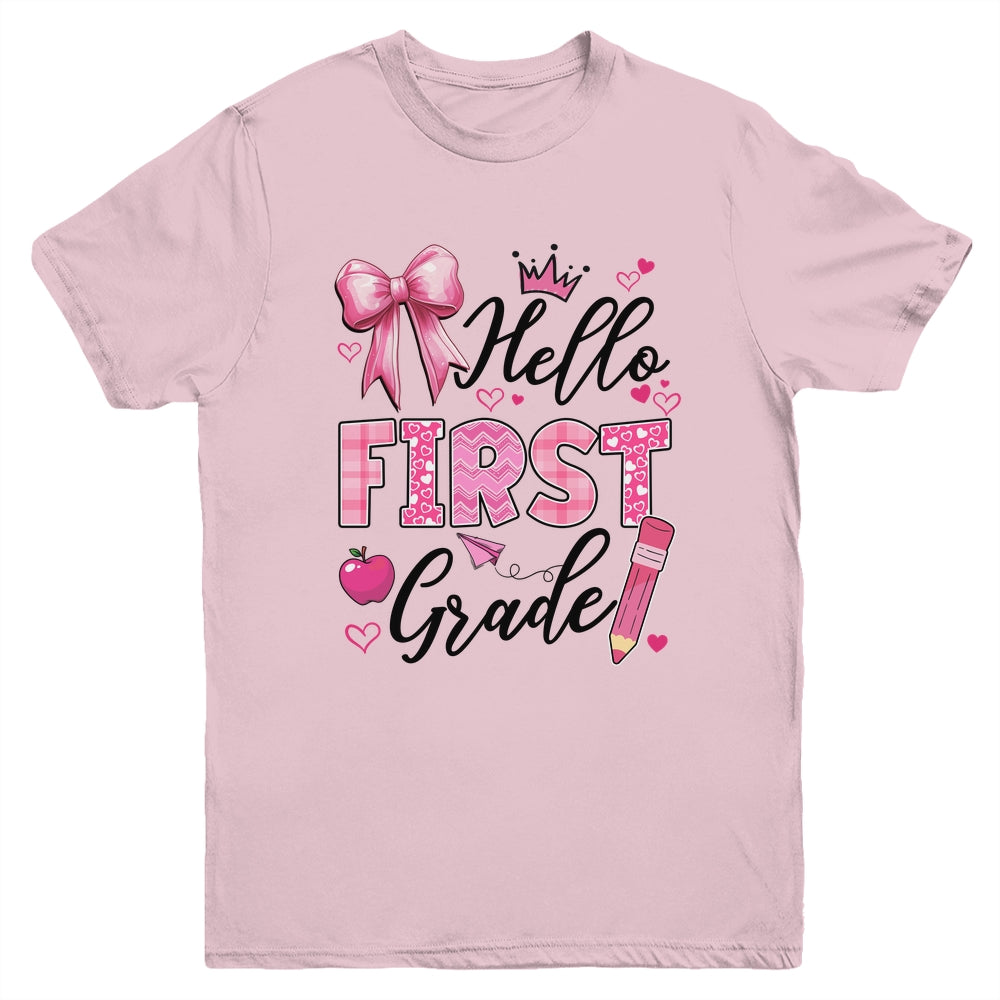 Hello First Grade First Day Of School Coquette Teacher Girl Youth Shirt | siriusteestore