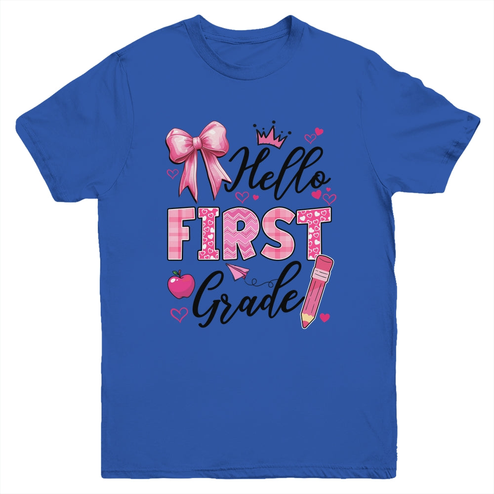 Hello First Grade First Day Of School Coquette Teacher Girl Youth Shirt | siriusteestore
