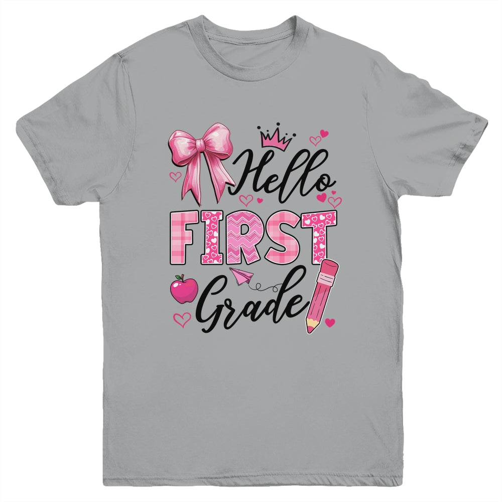 Hello First Grade First Day Of School Coquette Teacher Girl Youth Shirt | siriusteestore
