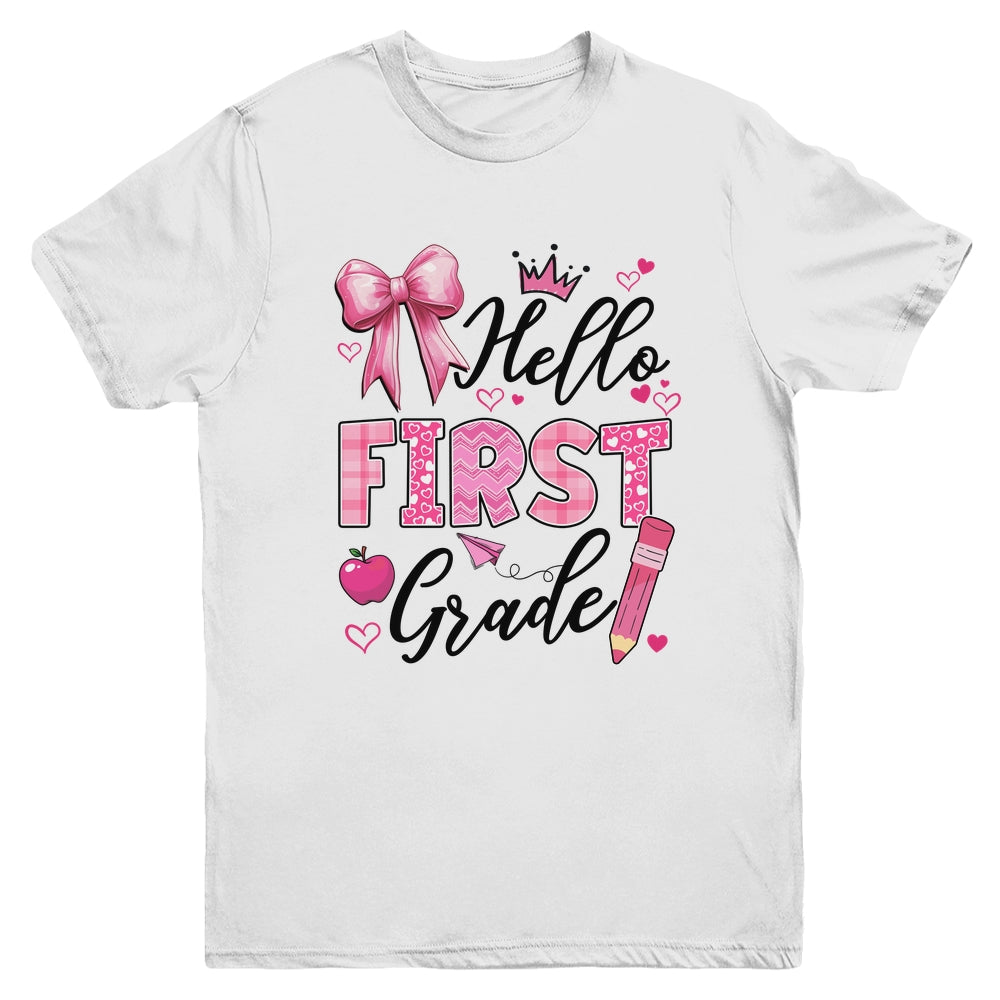 Hello First Grade First Day Of School Coquette Teacher Girl Youth Shirt | siriusteestore