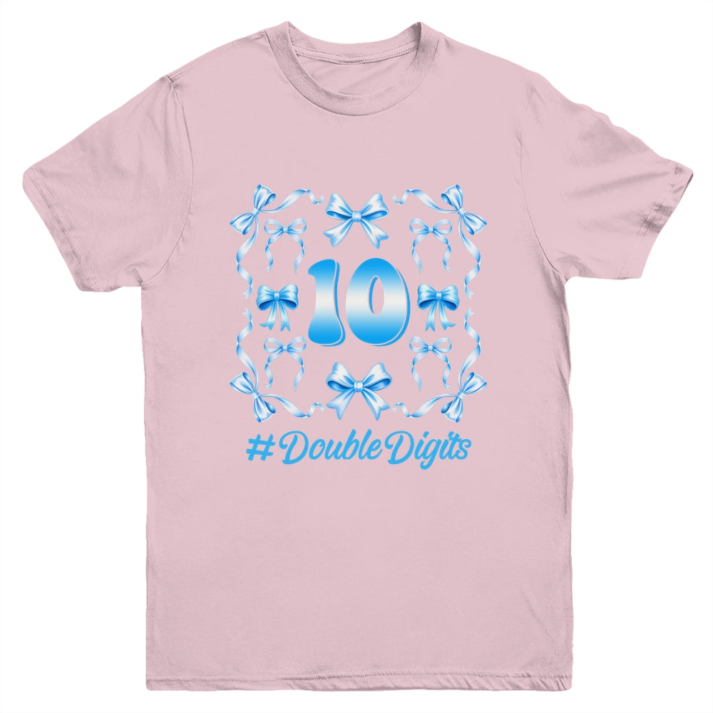 Hello Ten Double Digits Blue Coquette Bow 10th Birthday Girl Youth Shirt | siriusteestore