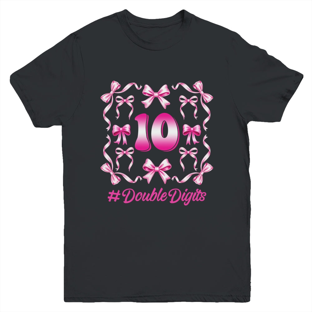 Hello Ten Double Digits Pink Coquette Bow 10th Birthday Girl Youth Shirt | siriusteestore