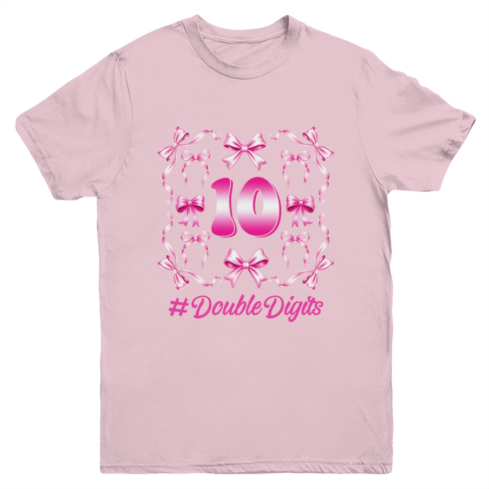 Hello Ten Double Digits Pink Coquette Bow 10th Birthday Girl Youth Shirt | siriusteestore
