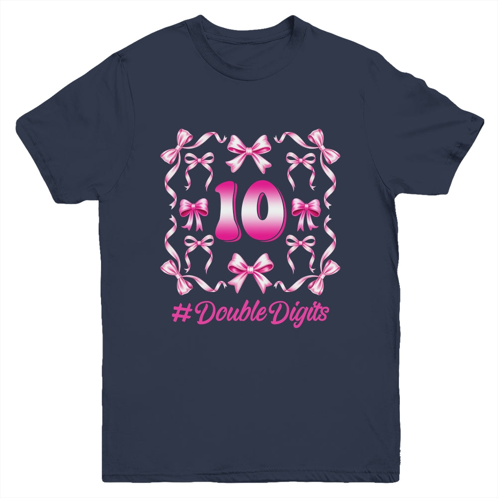 Hello Ten Double Digits Pink Coquette Bow 10th Birthday Girl Youth Shirt | siriusteestore