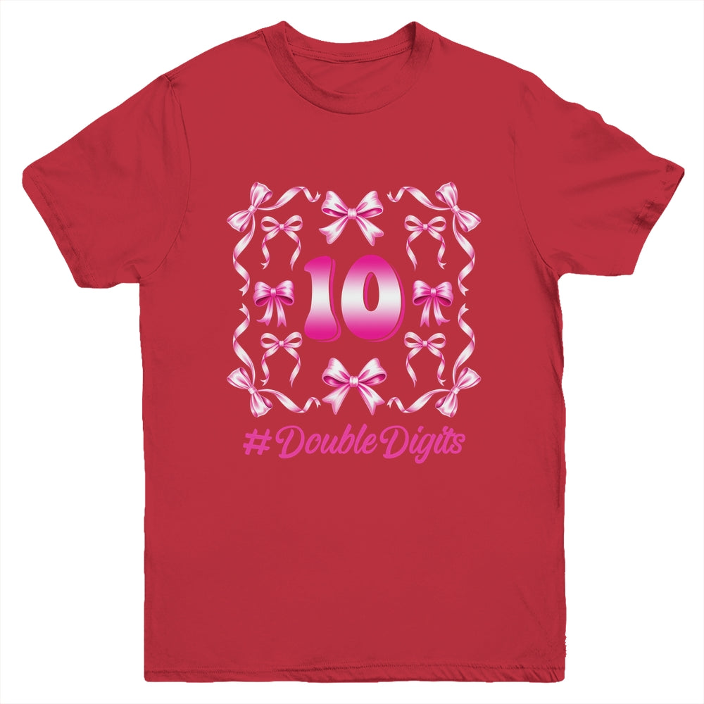 Hello Ten Double Digits Pink Coquette Bow 10th Birthday Girl Youth Shirt | siriusteestore