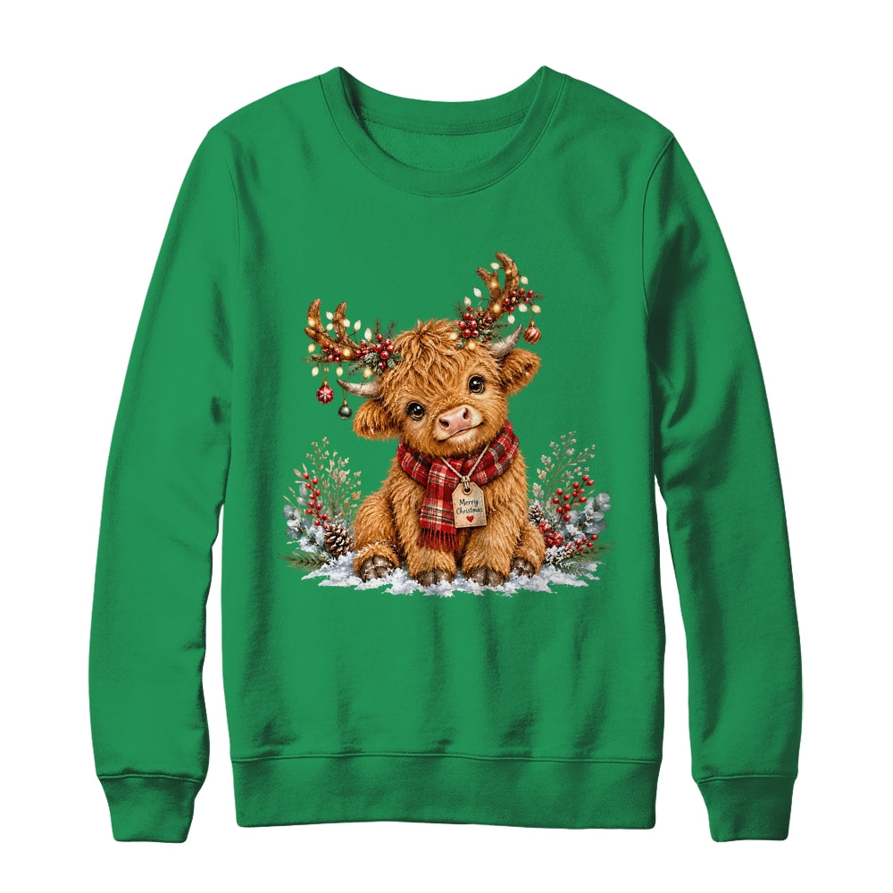 Highland Cow Christmas Watercolor Holiday Cute Women Girl Shirt & Sweatshirt | siriusteestore