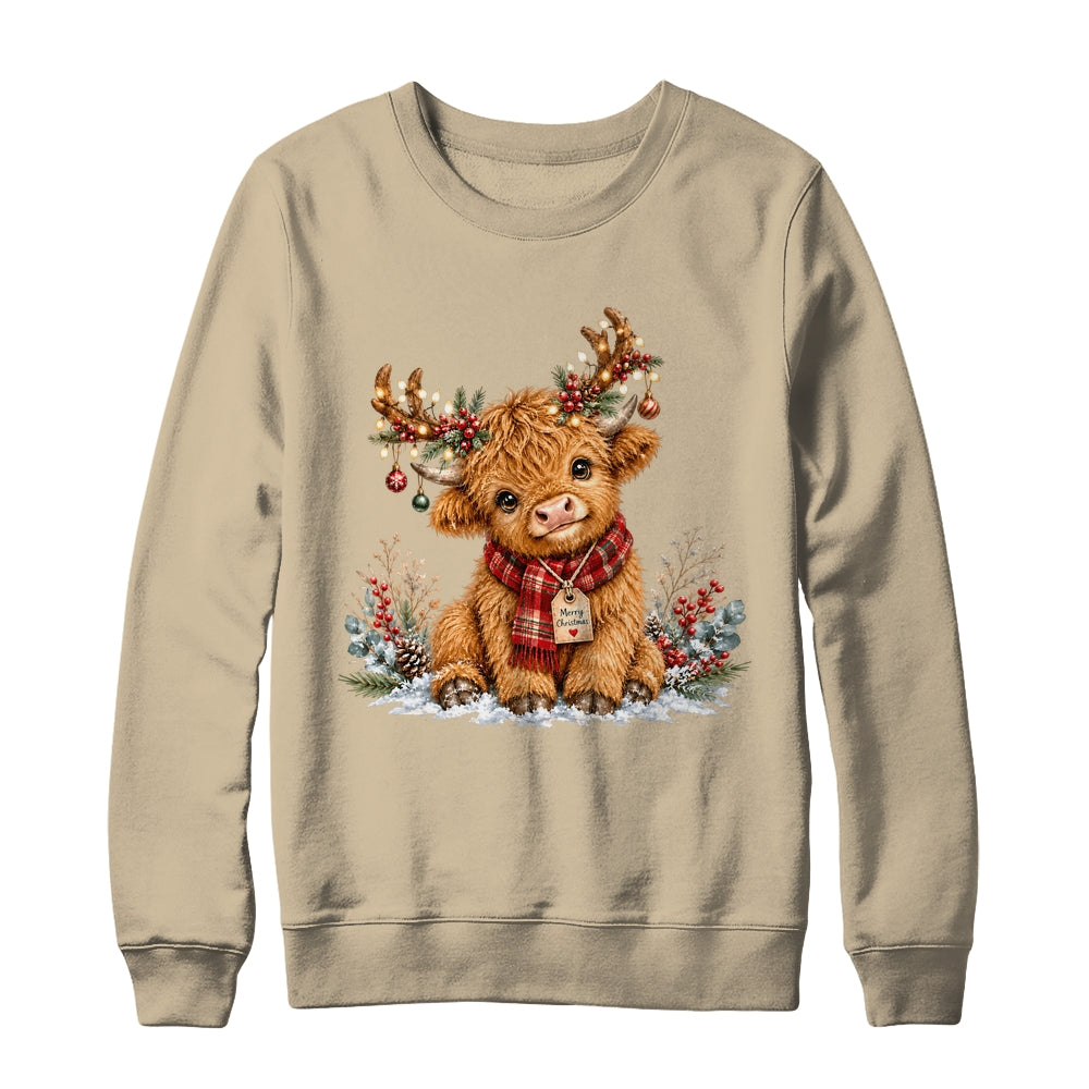 Highland Cow Christmas Watercolor Holiday Cute Women Girl Shirt & Sweatshirt | siriusteestore