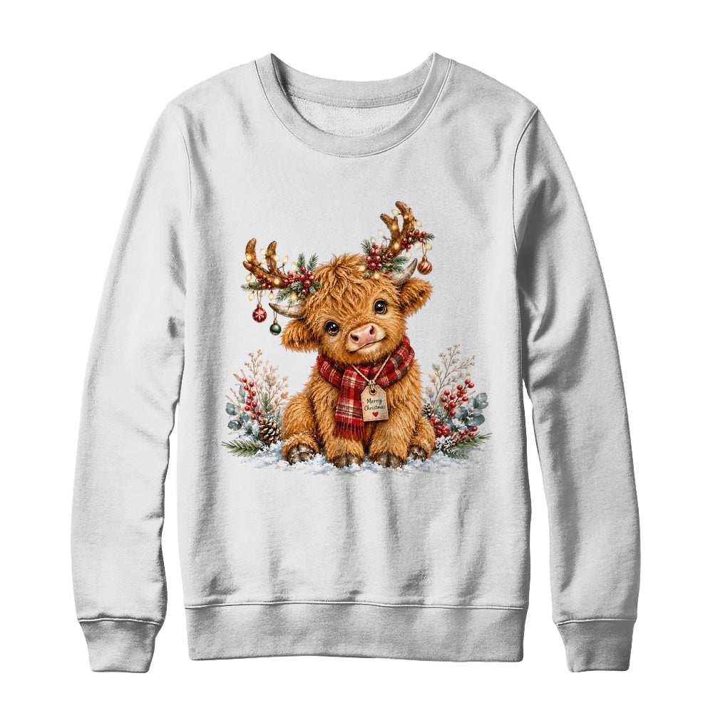 Highland Cow Christmas Watercolor Holiday Cute Women Girl Shirt & Sweatshirt | siriusteestore