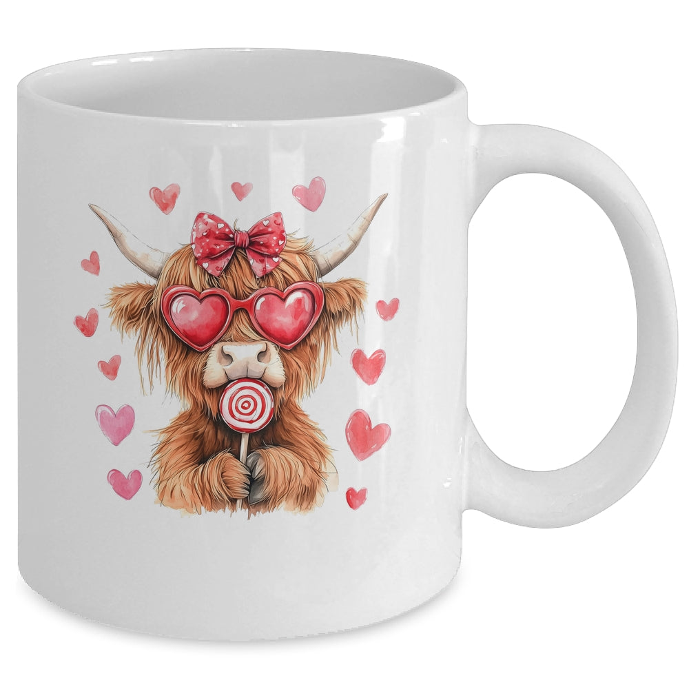 Highland Cow Valentine Coquette Valentine's Day Retro Heart Mug | siriusteestore