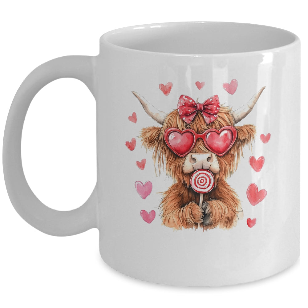 Highland Cow Valentine Coquette Valentine's Day Retro Heart Mug | siriusteestore