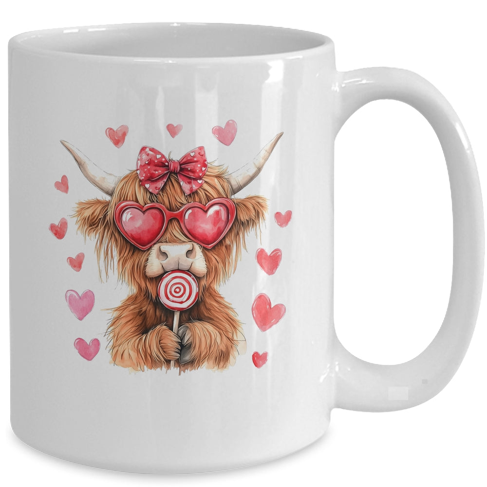 Highland Cow Valentine Coquette Valentine's Day Retro Heart Mug | siriusteestore