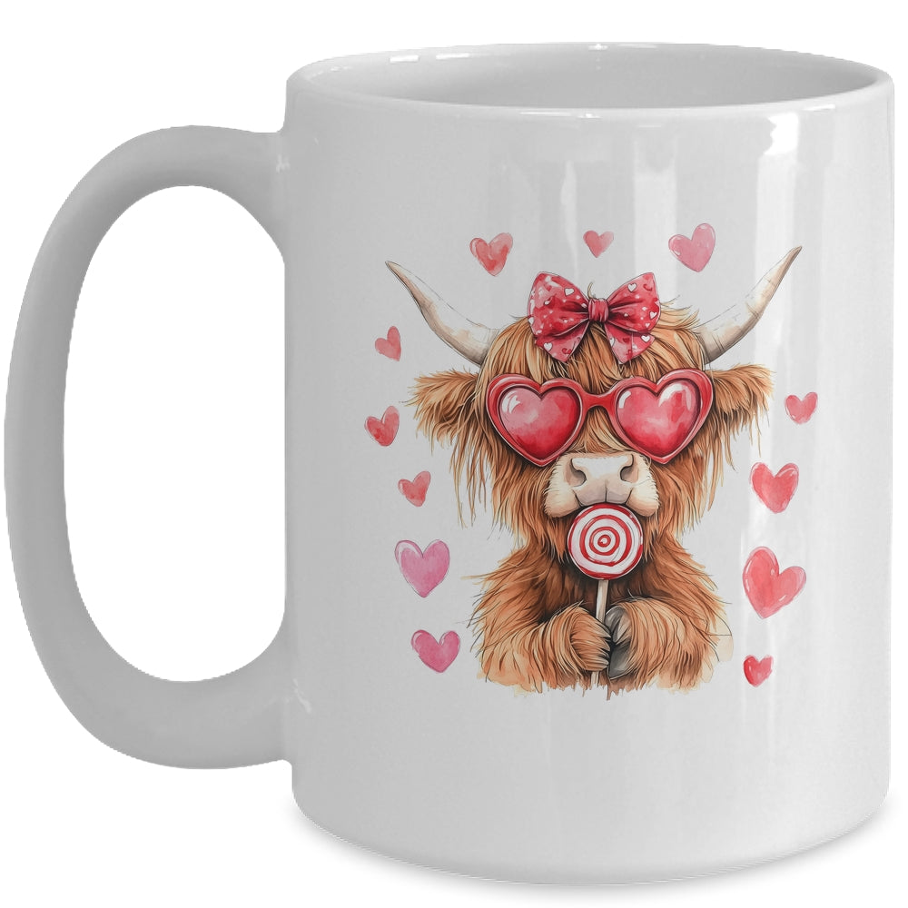Highland Cow Valentine Coquette Valentine's Day Retro Heart Mug | siriusteestore