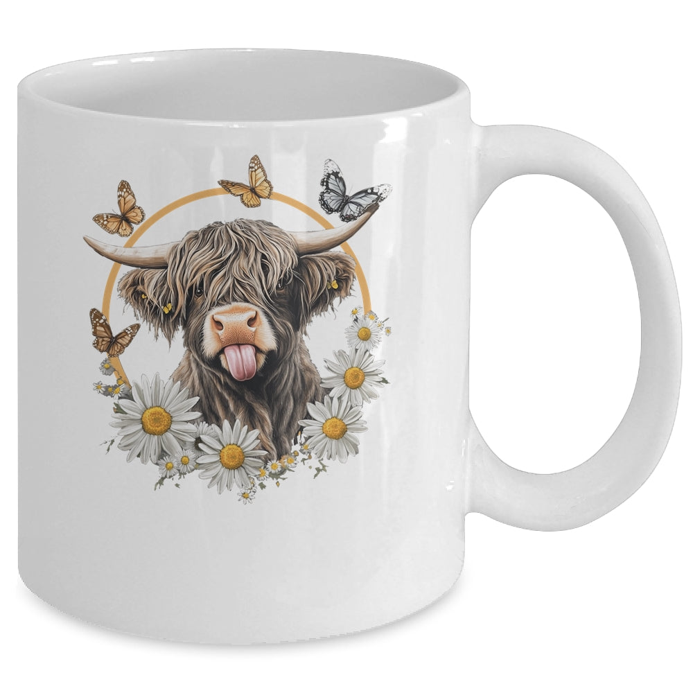 Highland Cow With Sunflower Daisies Butterflies Farm Western Mug | siriusteestore
