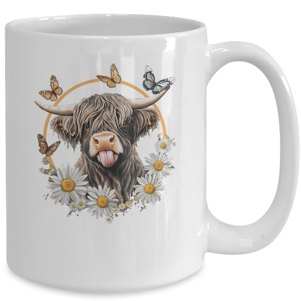 Highland Cow With Sunflower Daisies Butterflies Farm Western Mug | siriusteestore