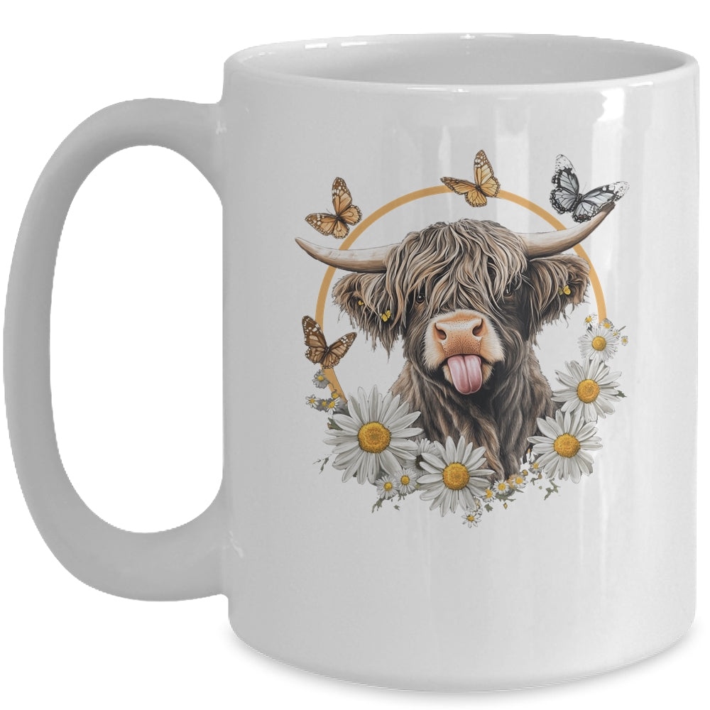 Highland Cow With Sunflower Daisies Butterflies Farm Western Mug | siriusteestore
