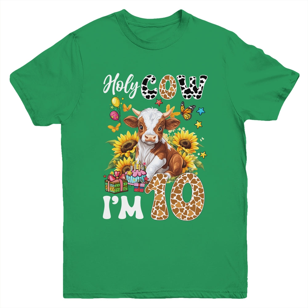 Holy Cow I'm 10 Years Old Farm Cow Sunflowers 10th Birthday Youth Shirt | siriusteestore