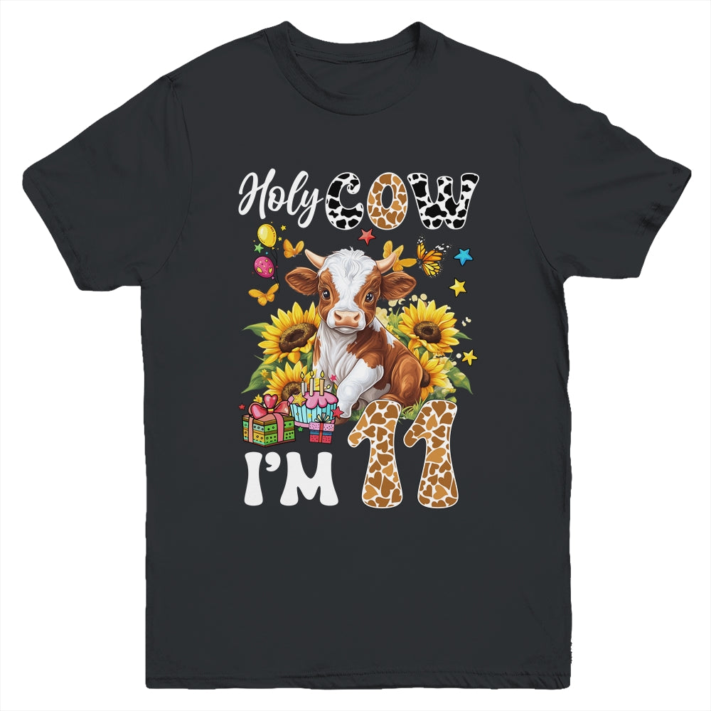 Holy Cow I'm 11 Years Old Farm Cow Sunflowers 11th Birthday Youth Shirt | siriusteestore