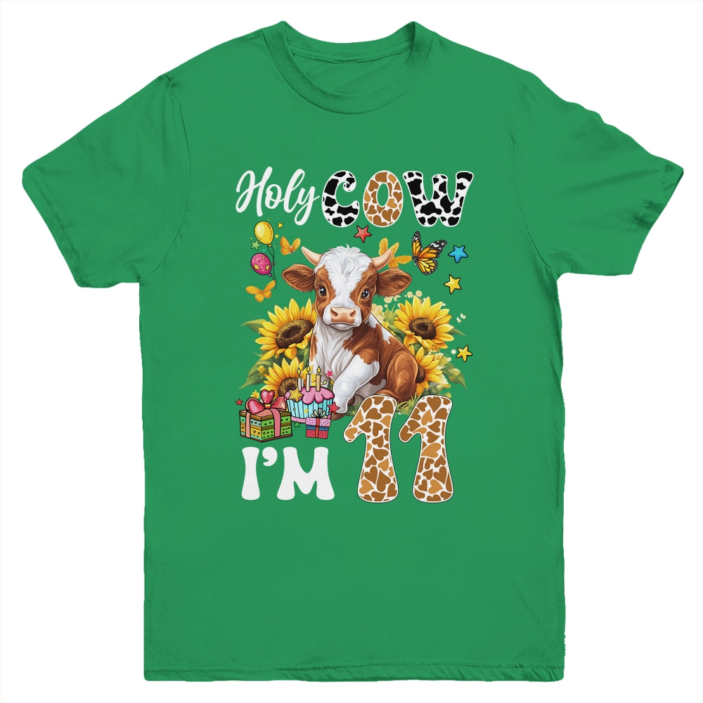 Holy Cow I'm 11 Years Old Farm Cow Sunflowers 11th Birthday Youth Shirt | siriusteestore