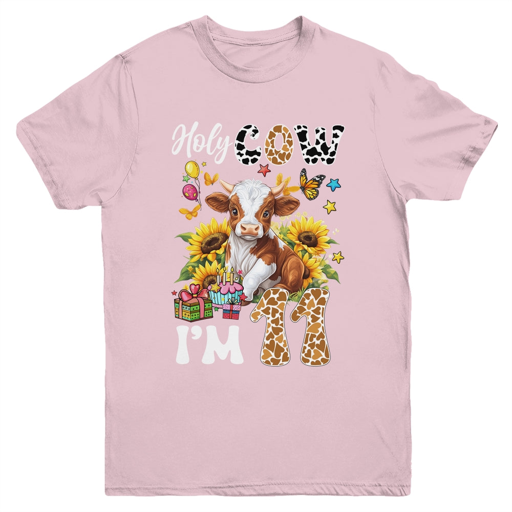 Holy Cow I'm 11 Years Old Farm Cow Sunflowers 11th Birthday Youth Shirt | siriusteestore