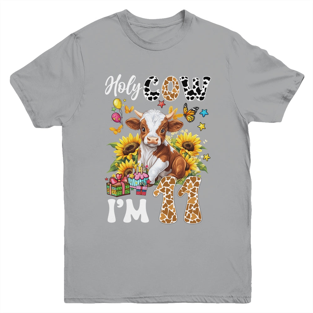 Holy Cow I'm 11 Years Old Farm Cow Sunflowers 11th Birthday Youth Shirt | siriusteestore