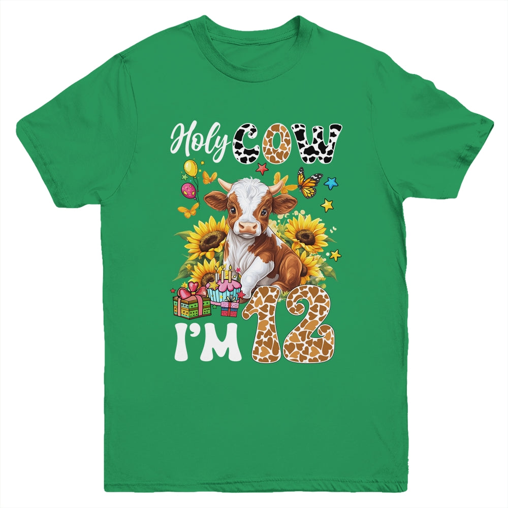 Holy Cow I'm 12 Years Old Farm Cow Sunflowers 12th Birthday Youth Shirt | siriusteestore