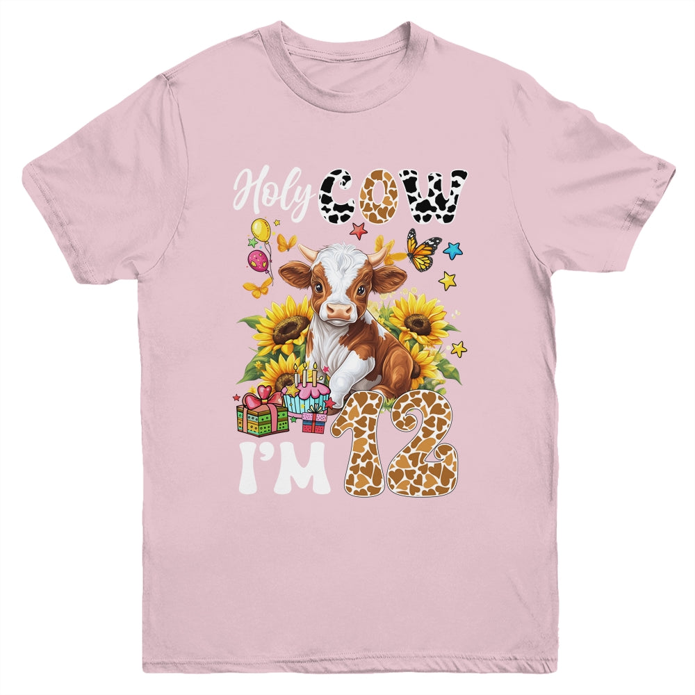 Holy Cow I'm 12 Years Old Farm Cow Sunflowers 12th Birthday Youth Shirt | siriusteestore